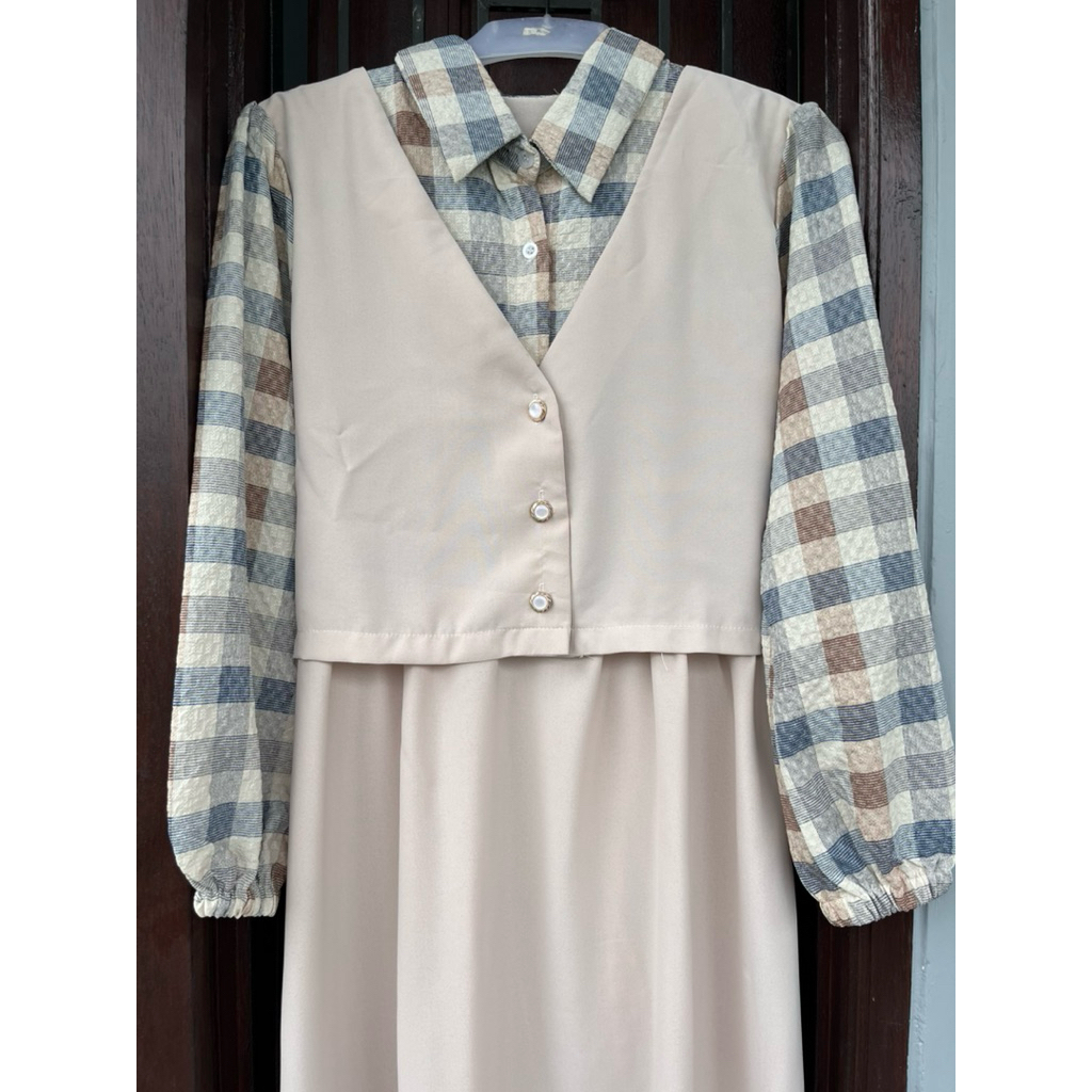 Tunik Panjang Wanita Motif Kotak Kombinasi Katun Premium