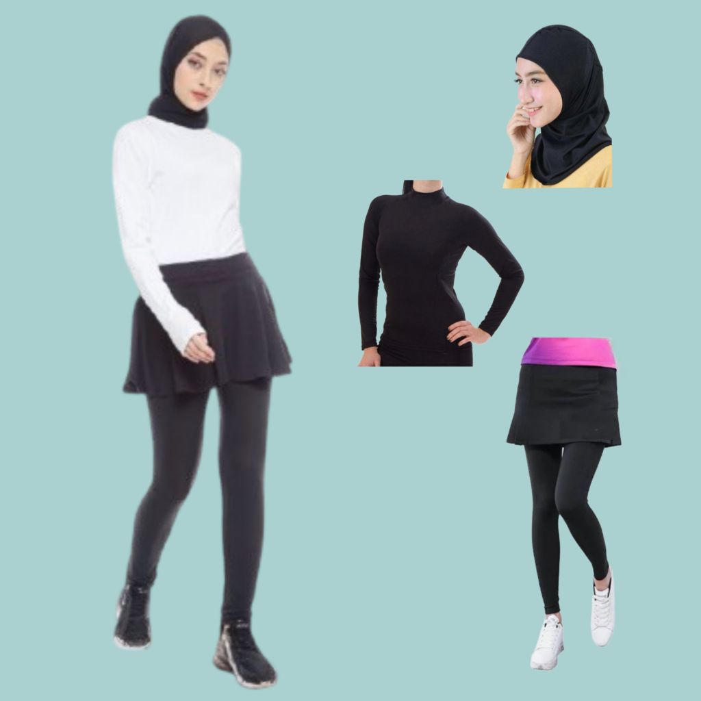 STELAN OLAHRAGA WANITA ROK LEGGING BAJU MANSET DAN JILBAB SPORT