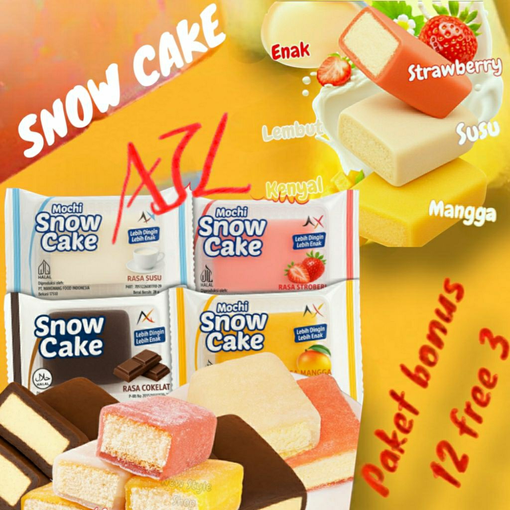 

mochi snow cake 12 pcs plus bonus 3pcs lima rasa: strwbery,coklat,mangga,susu,pandan