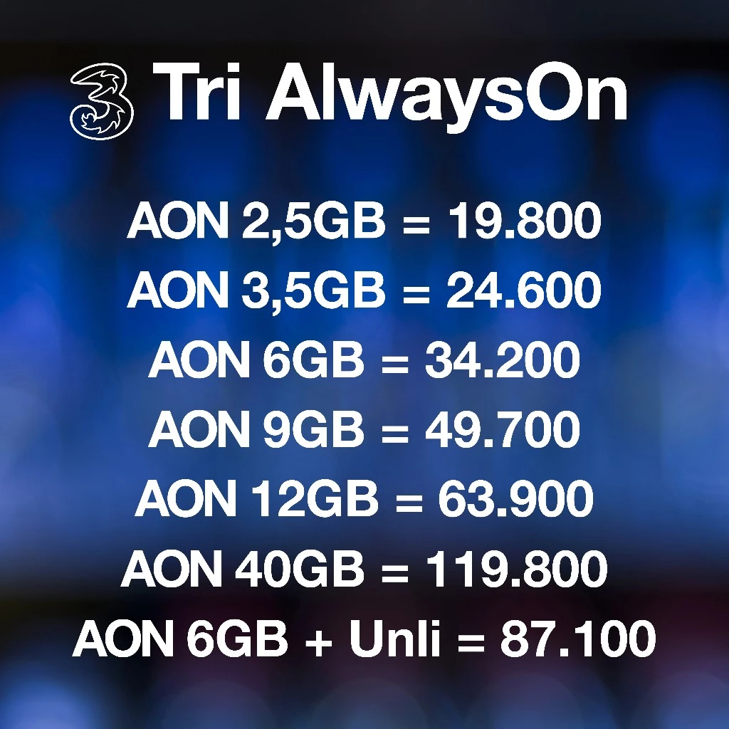 Kuota Tri AON Paket Data Internet 2,5GB to 40GB