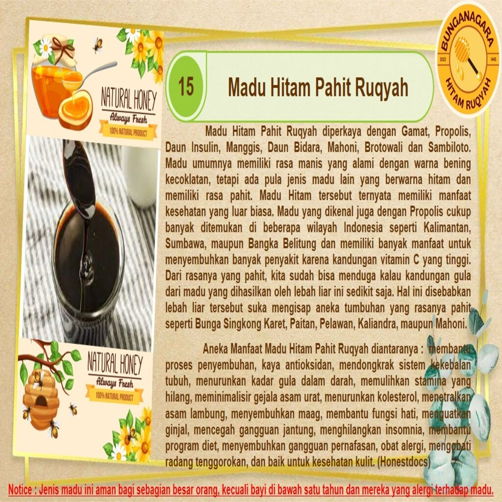 

MADU HITAM PAHIT RUQYAH ASLI 300 ML = 0,5 KG | 700 ML = 1 KG | 1L = 1,5 KG BUNGANAGARA PURE HONEY