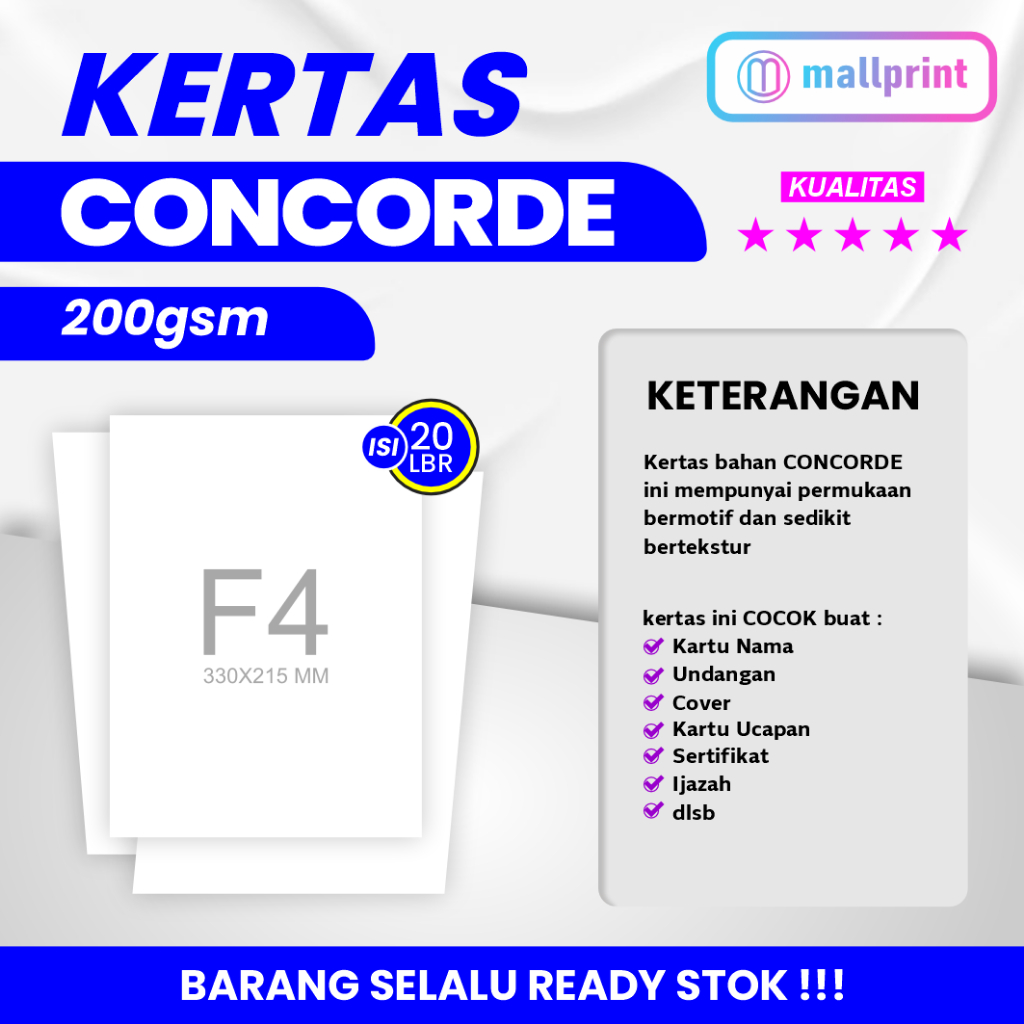 

Kertas Concorde 200 gsm uk F4 (Folio) cocok unt. Sertifikat Piagam dll (1 pak isi 20 lbr)