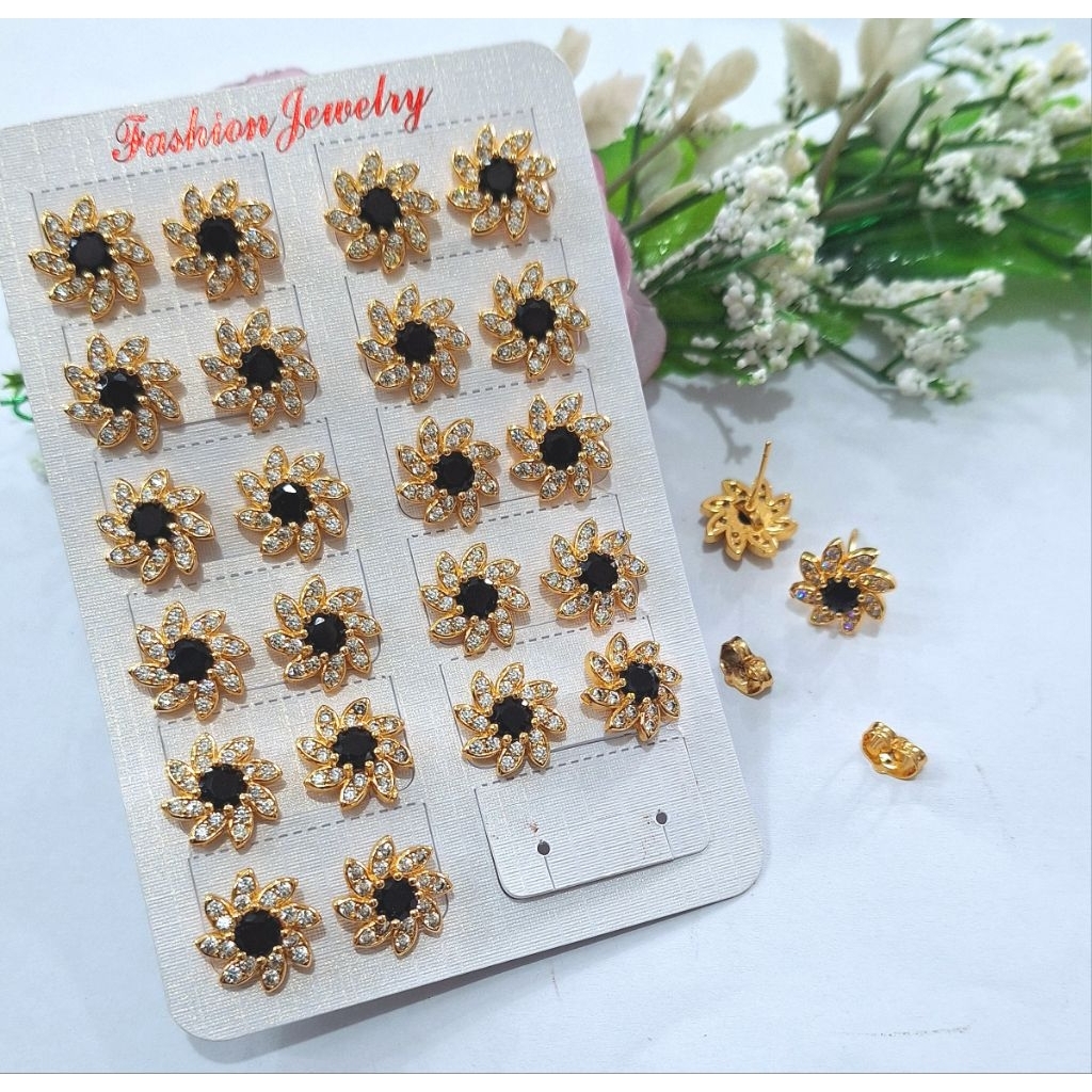 Anting tusuk/anting tusuk permata hitam/ anting bunga