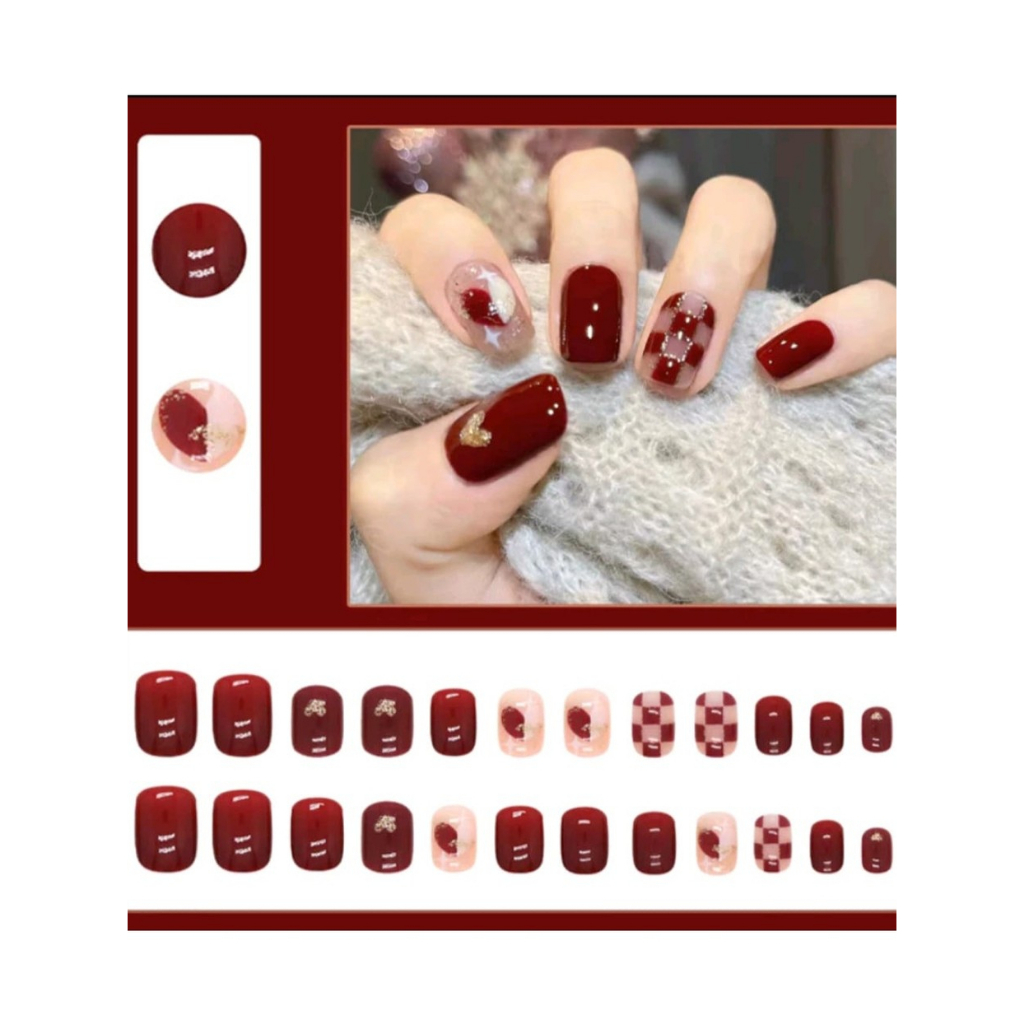 24 pcs Kuku palsu merah maroon wedding wisuda 3D DIY seni kuku fake nail art free perekat