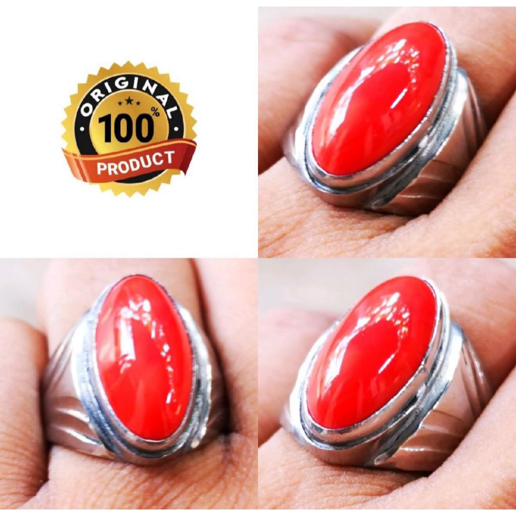Cincin Batu Akik Asli Red Marjan Coral Pandan Monel