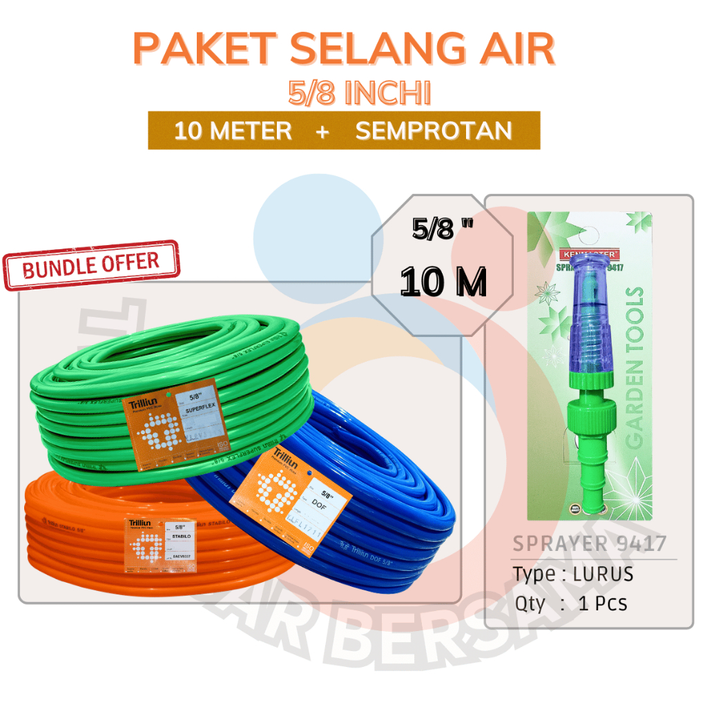 Paket Selang air UK 5/8 inchi Panjang 10 meter + Semprotan ( Tebal 3mm Tebal 2mm Tebal 1mm)