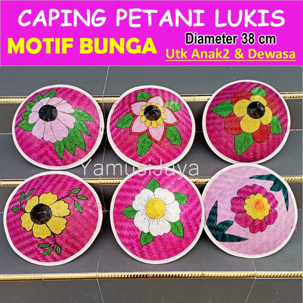 caping bambu / caping lukis / topi caping petani hias motif unik / caping anak & dewasa