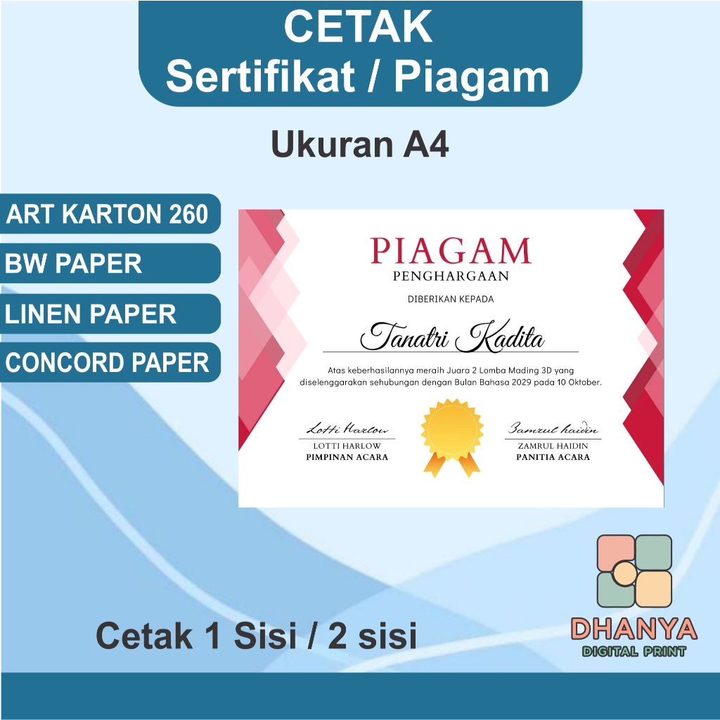 

Cetak Sertifikat Piagam Penghargaan A4 Digital PRINT