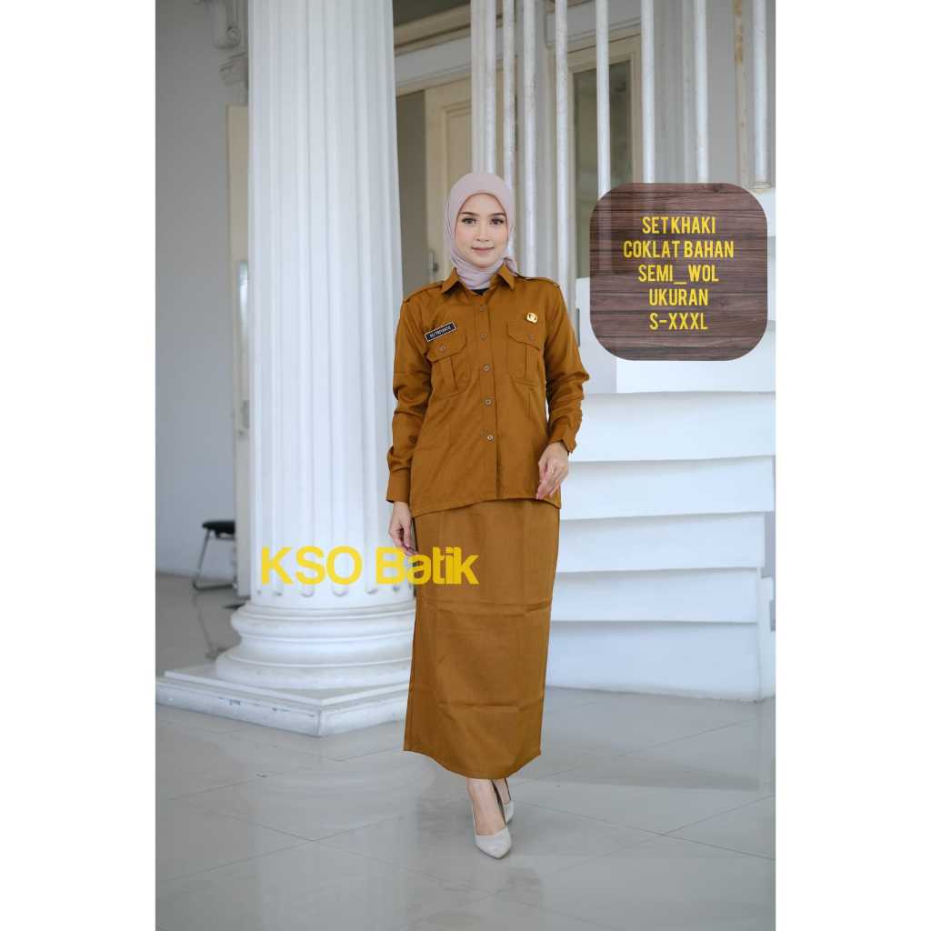 KSO BATIK KHAKI WANITA KERAH V NACK SAKU ATAS MODEL ROK SPAN TERBARU BAHAN SEMIWOOL / BAJU PEMDA / B