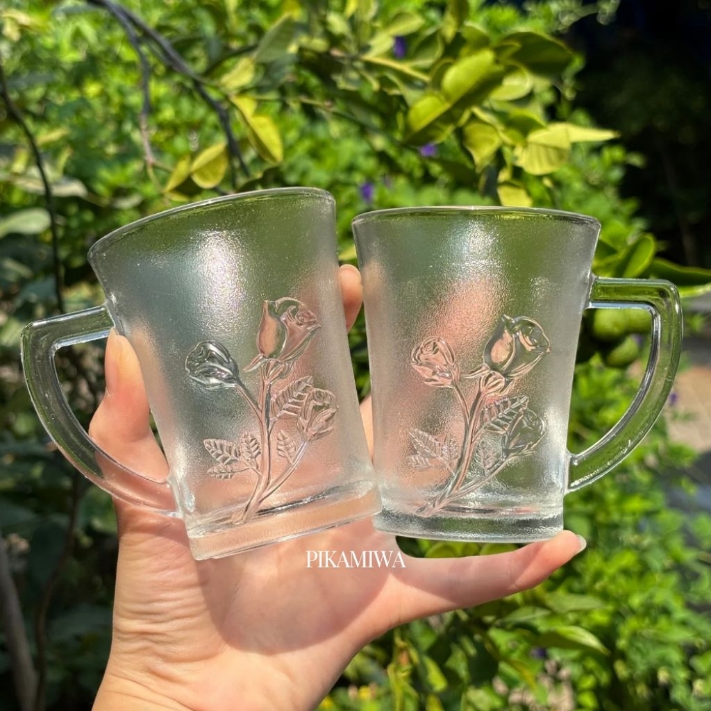 6 PCS GELAS MOTIF BUNGA DOFF gelas cantik gelas bunga gelas minum gelas kopi gelas rumah