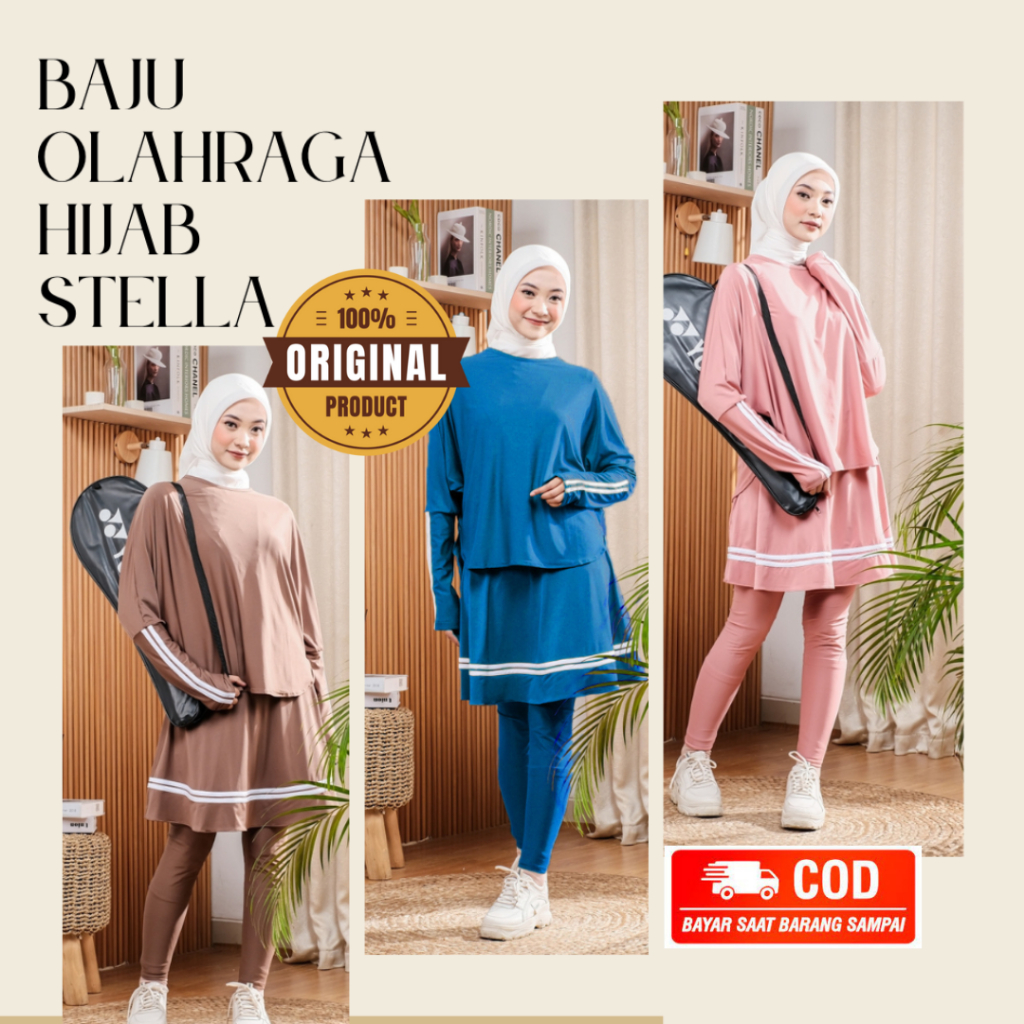 Baju Celana Rok Setelan Stella/Set Baju Olahraga Wanita Muslimah Terbaru Sporty Hijab Lari Senam/Set