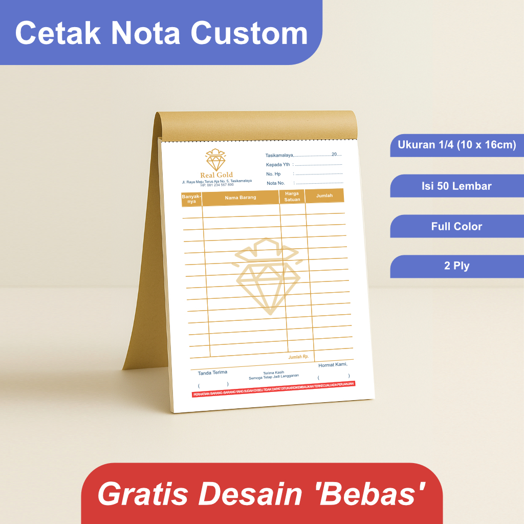 

Cetak Nota Toko Emas Ukuran 1/4 Rangkap 2 Ply Gratis Desain Bebas Custom