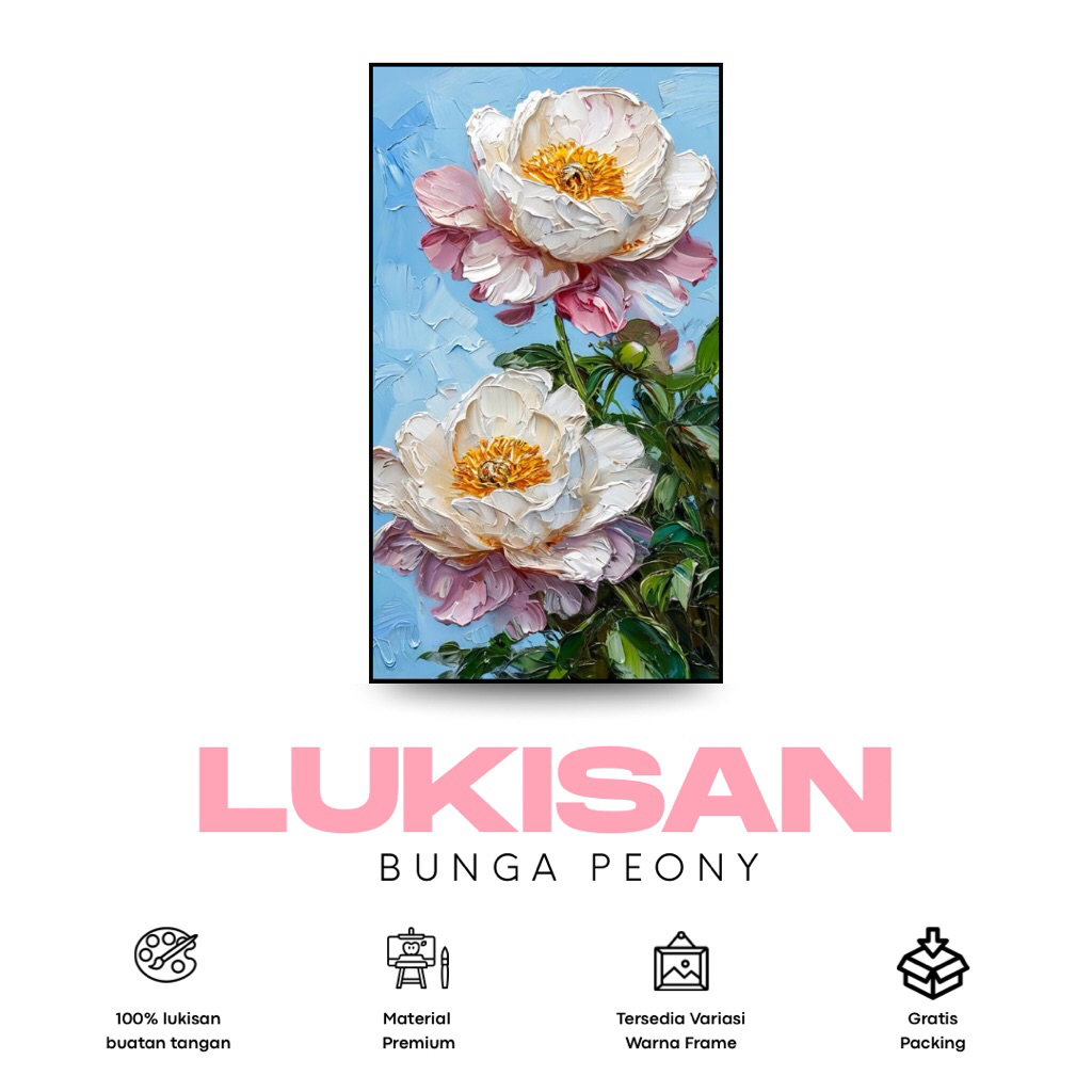 lukisan bunga peony bertekstur hiasan dinding aesthetic