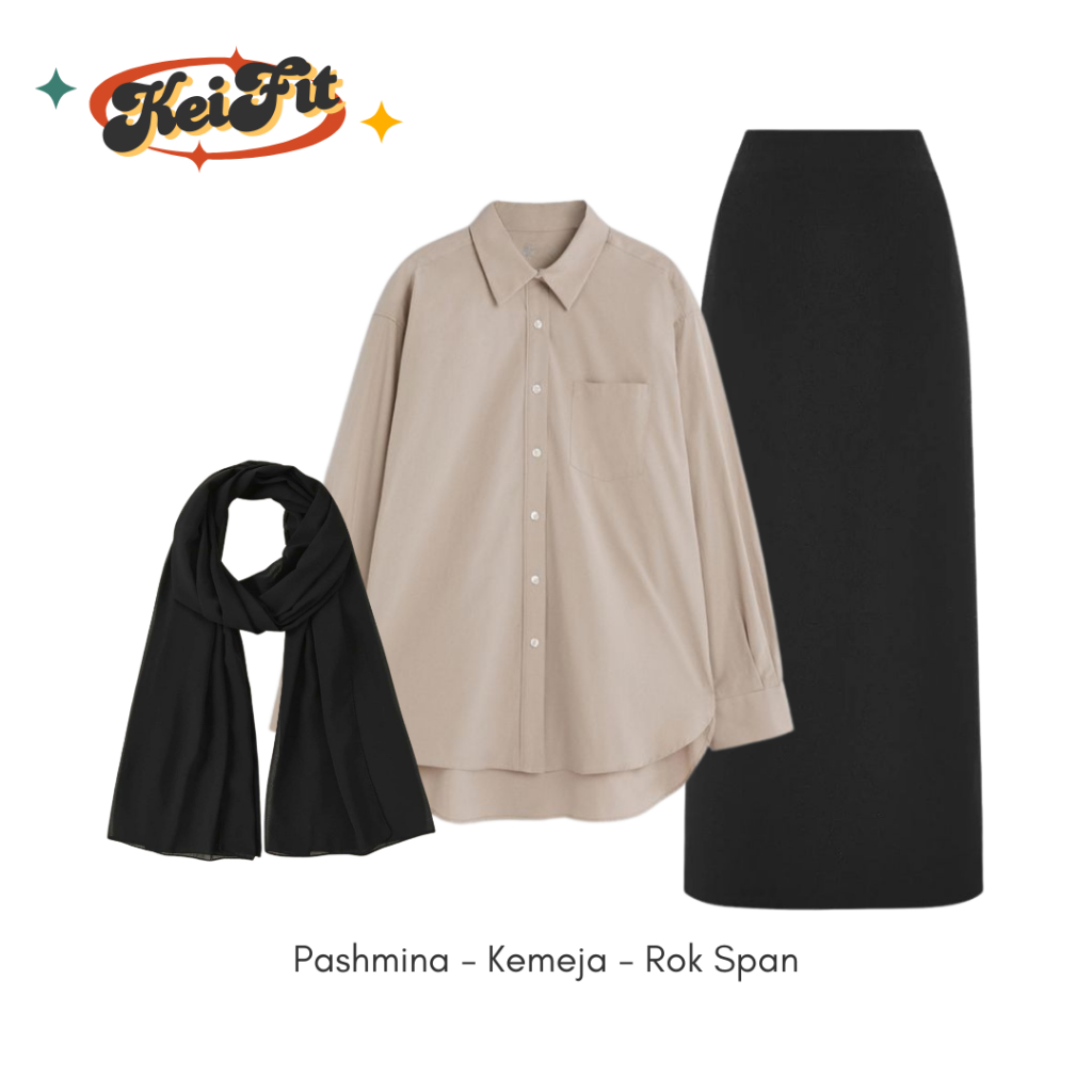 Lilly Outfit Set OOTD Remaja ( Kemeja + Manset + Rok Span + Pashmina ) One Set Wanita Kekinian Kece