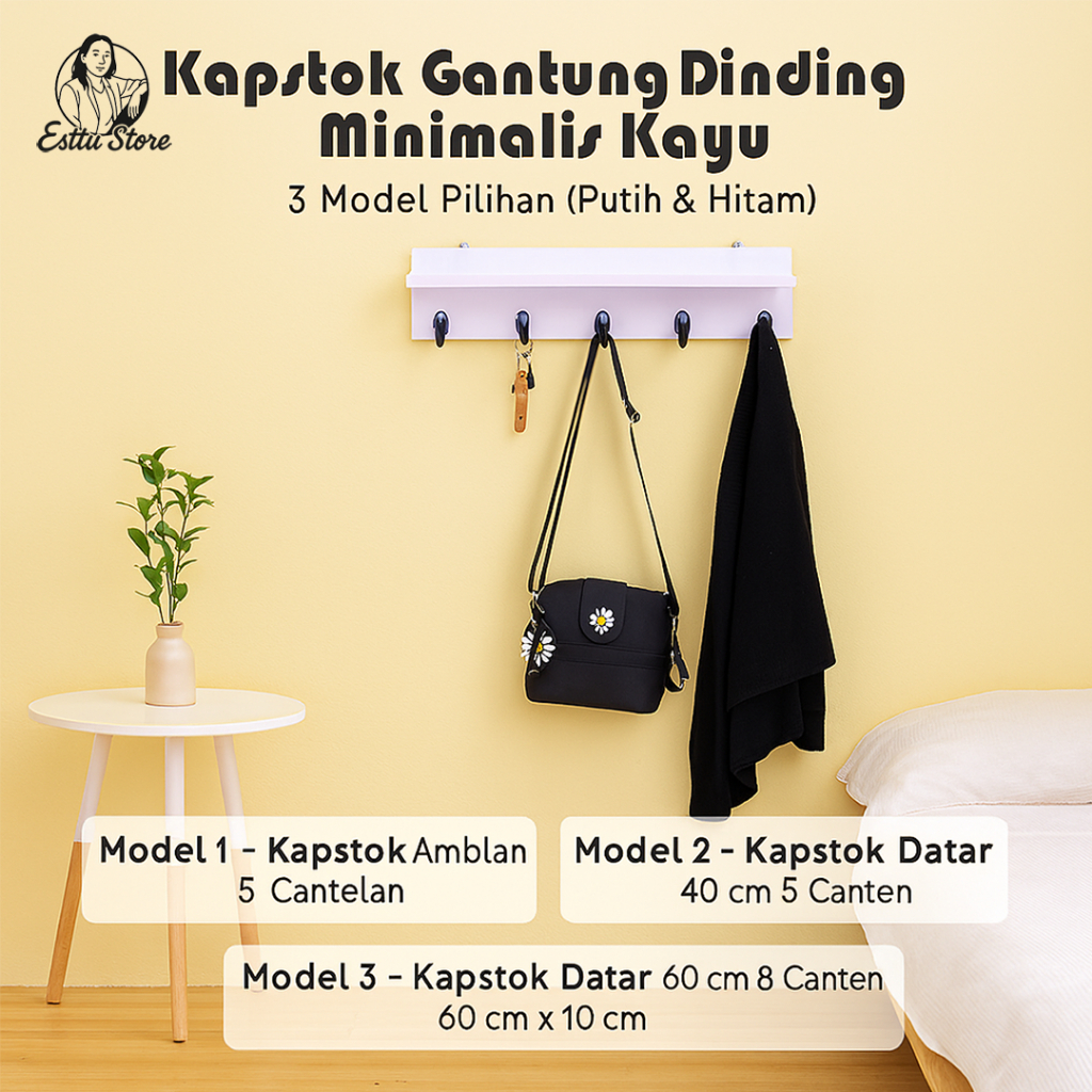Kapstok Kayu Dinding 5/8 Cantelan Gantungan Baju Tas Kunci Hanger Tempel Multiplek Minimalis