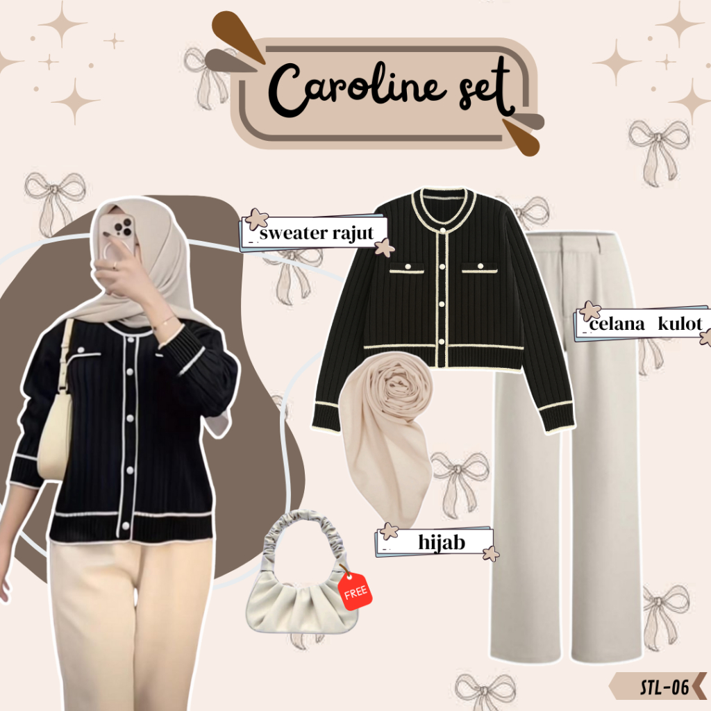 One set  HIijab Caroline ( Loose Pants + Cardigan  rajut+ Hijab segi empat ) Setelan Harian Wanita S