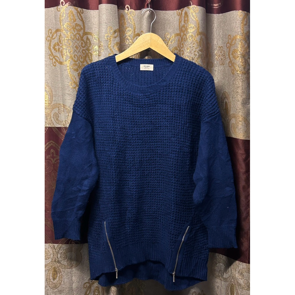 brand Beams Heart - preloved baju rajut waffle / atasan knitwear navy model zipper gemas
