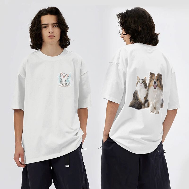 kaos couple pasangan，Kucing anjing lucu pola hangat，baju kaos couple