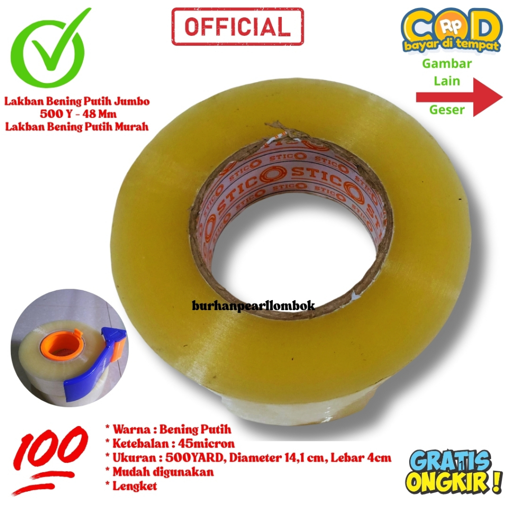 

Lakban Bening Putih 2”Inch (48mm X 500 Yard) Lakban Opp / Isolasi Opp Bening Putih