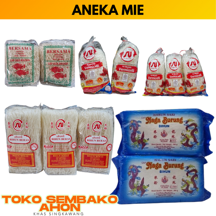 

Bihun Mujair | Bihun Jagung | Bihun SU 100gr | Bihun SU 50gr | Bihun SU Thai | Bihun Naga Burung | Bihun Cap 5 Daun | Bihun Putih | Misua Hijau | Misua Kuning | Kwetiaw SU | Indomie Soto | Indomie Goreng | Indomie Special