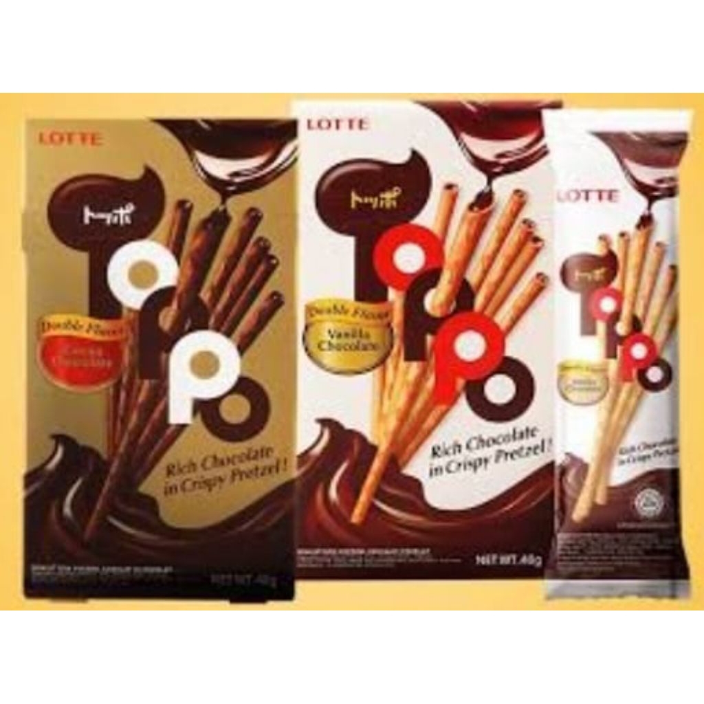 

( per box) lotte toppo rich chocolate 1box isi 12 pcs x 17 gram...