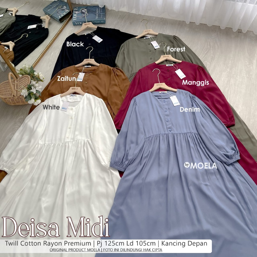 DEISA MIDI BY MOELA DRESS BAHAN TWILL COTTON RAYON KANCING DEPAN