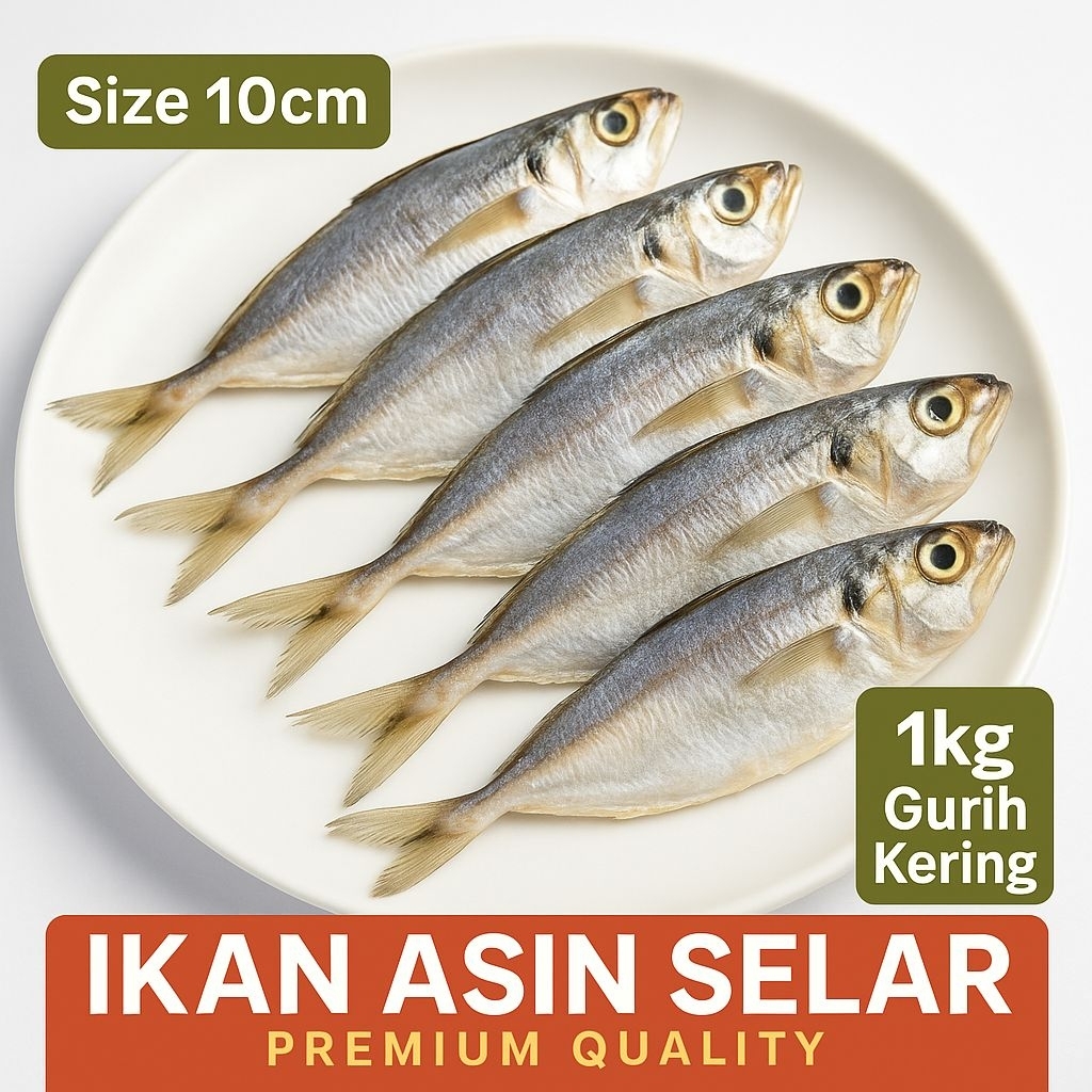 

Ikan Asin Selar 1kg - Premium, Kering Gurih, Size 10cm / Ekor