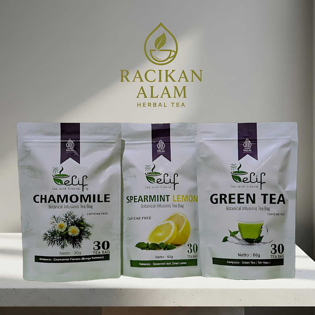 

Teh Herbal Seduh Botanikal Teh Rempah Tradisional – Chamomile Tea / Spearmint Lemon Tea / Green Tea (30 Tea Bag / 60g)