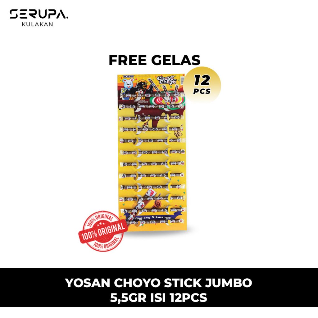 

Yosan coklat choyo choyo Stick Jumbo FREE Gelas 5,5gr isi 12pcs - Coklat Nostalgia Bikin Nagih