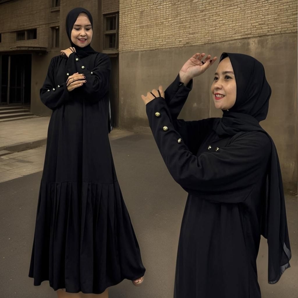 Gamis Jetblack Silk Import Gold Button Remple Plisket