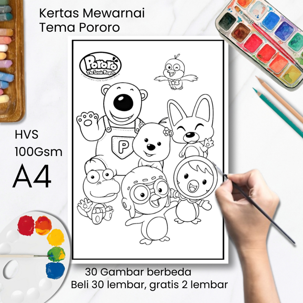 30 Gambar Kertas Mewarnai Anak TK SD Tema Pororo A4