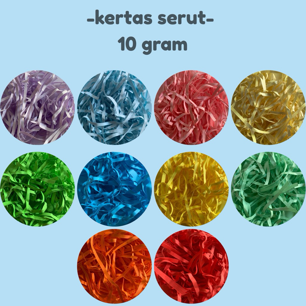 

Kertas Cacah Serut Shredded Paper Isi Hampers – 10 Warna Ceria | 10gr per Bungkus
