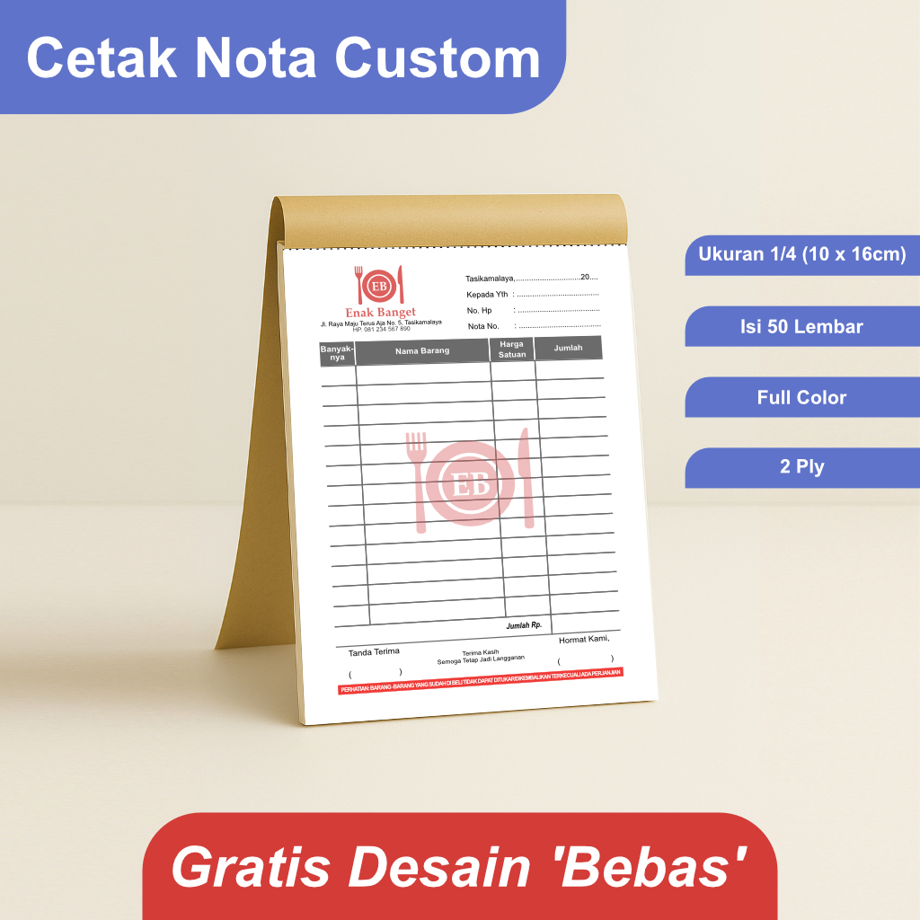 

Cetak Nota Rumah Makan / Nota Restoran Ukuran 1/4 Rangkap 2 Ply Gratis Desain Bebas Custom
