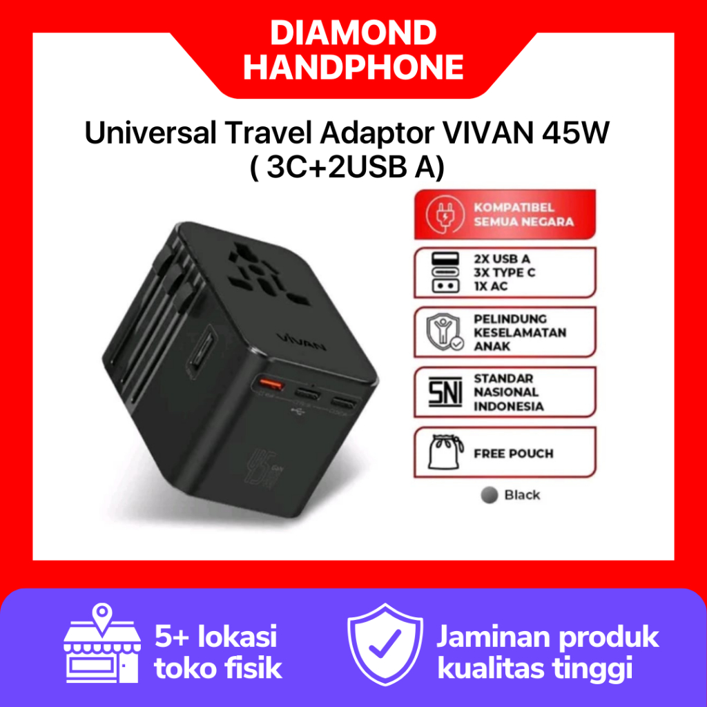World Universal Travel Adaptor USB-C/A Port Vivan VPS T-003A PRO S 45W Indonesia EU USA UK Australia