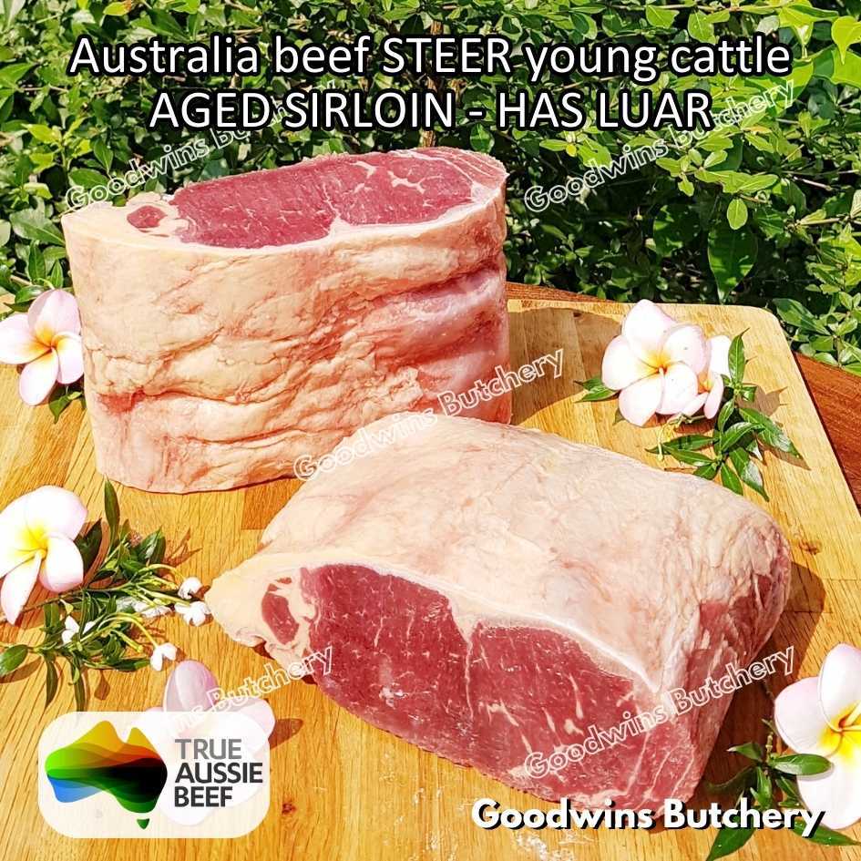 

Beef SIRLOIN AGED-FROZEN Australia STEER (young cattle) Striploin NewYork strip daging sapi import has luar utuh HARVEY / MIDFILED portioned small roast cuts 1.5kg