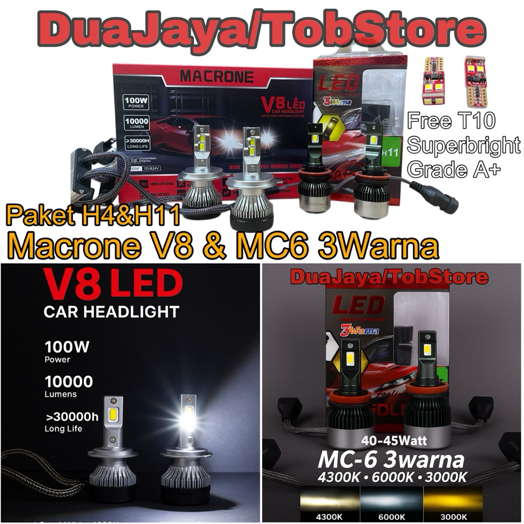 Paket Lampe Led Headlamp Foglamp Mobil Innova 2012 - 2016 Macrone V8 Putih MC6 3Warna Khusus Kabut D