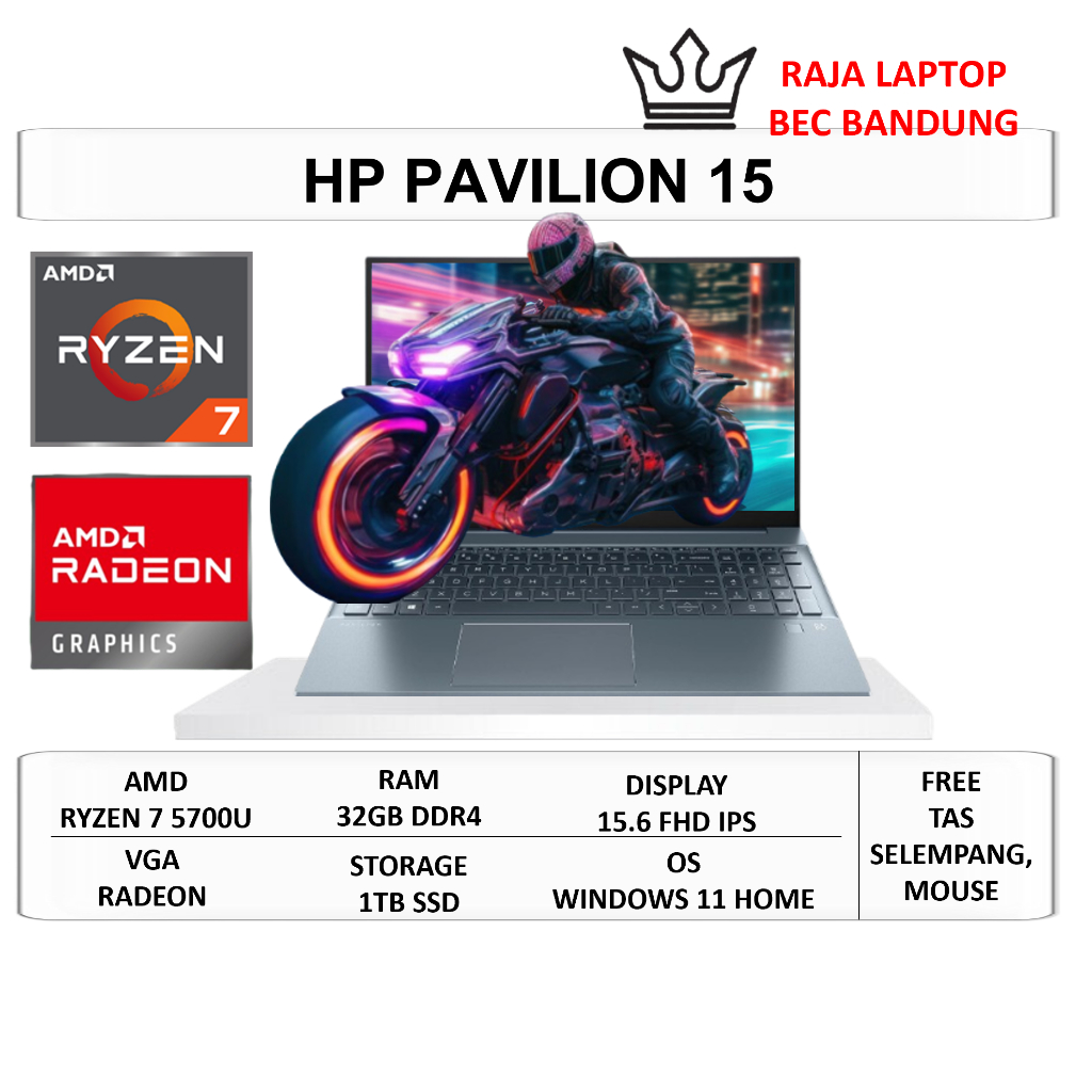 Laptop Editing HP Pavilion 15 Amd Ryzen 7 5700U 32GB 1TB 15.6 FHD IPS WINDOWS 11 HOME ORIGINAL