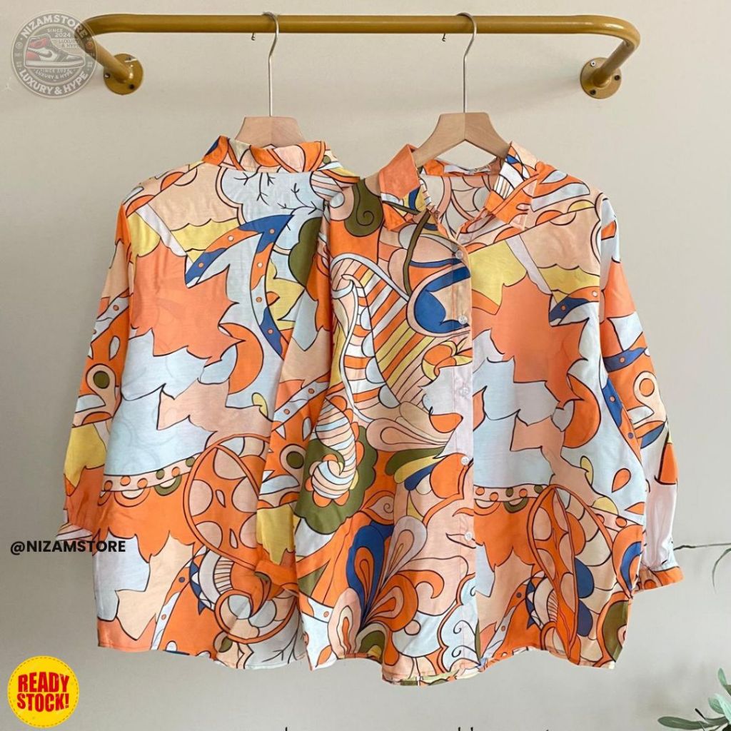 Nizamstore - Kemeja Wanita Motif Abstrak Warna Cerah Katun Paris Import | Kemeja Lengan Panjang Casu