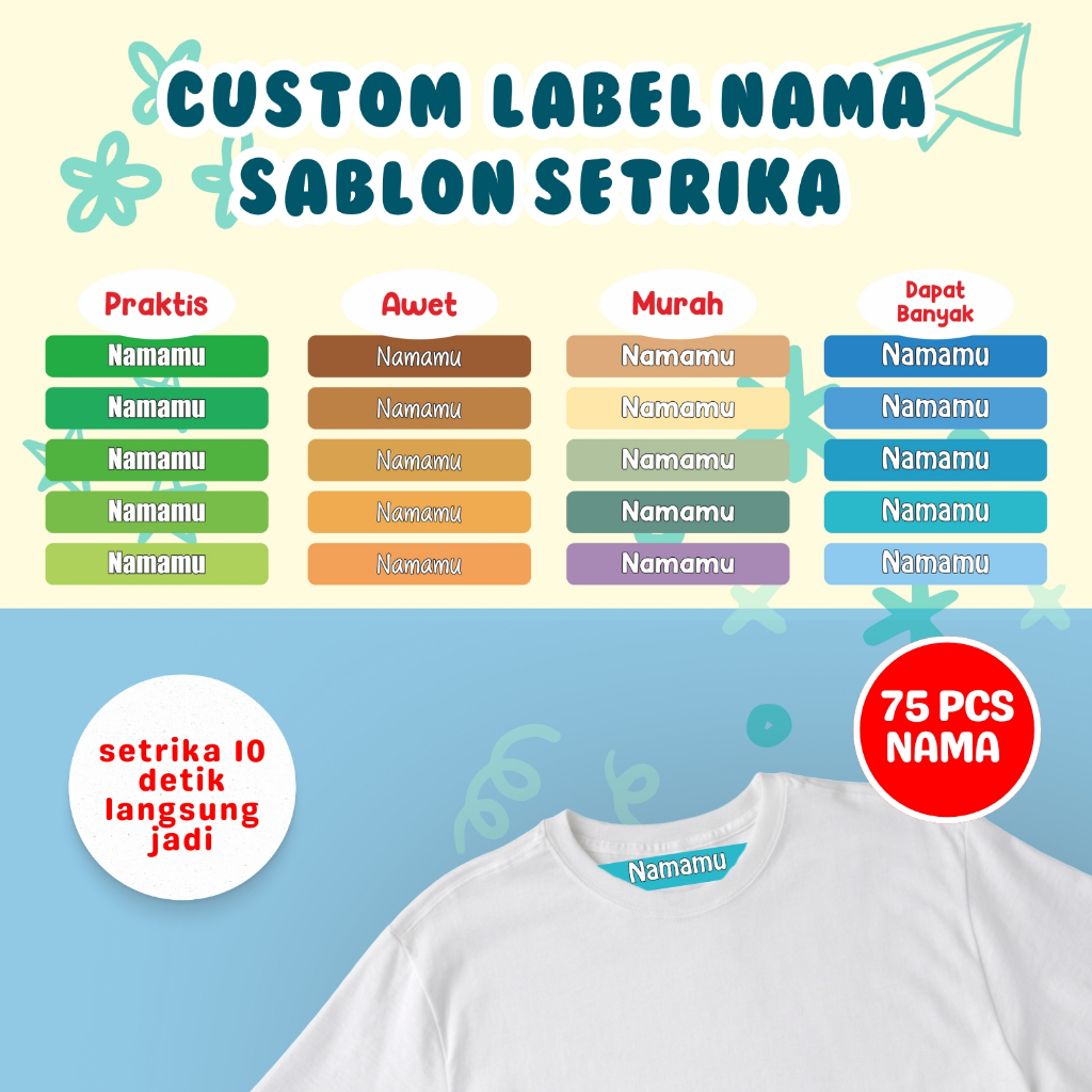 

75 Pcs Label Baju Nama Anak Custom Setrika Label Baju Label Custom Nama Baju Stiker Kain Baju