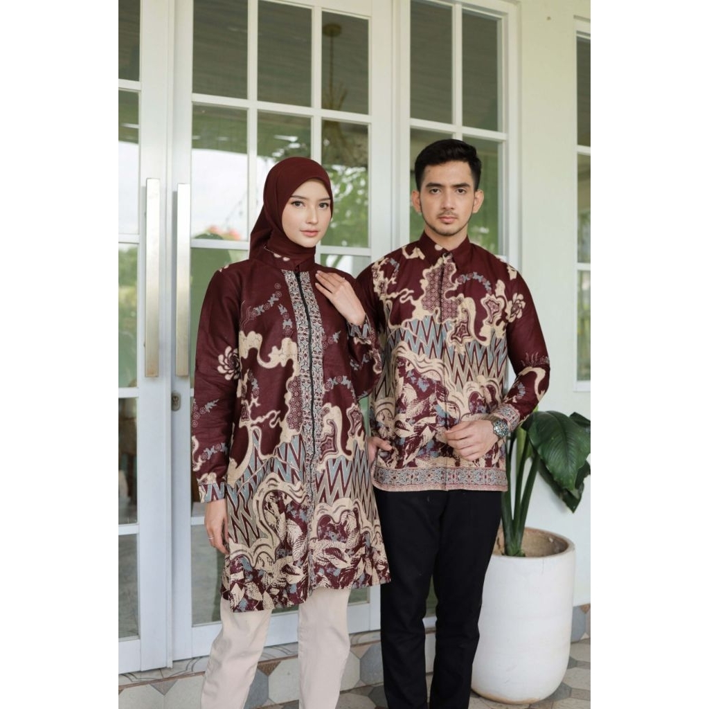 Batik Couple (SGBATIK) - Baju Batik Couple Modern Tunik Resleting Depan Kemeja Batik Lengan Panjang 