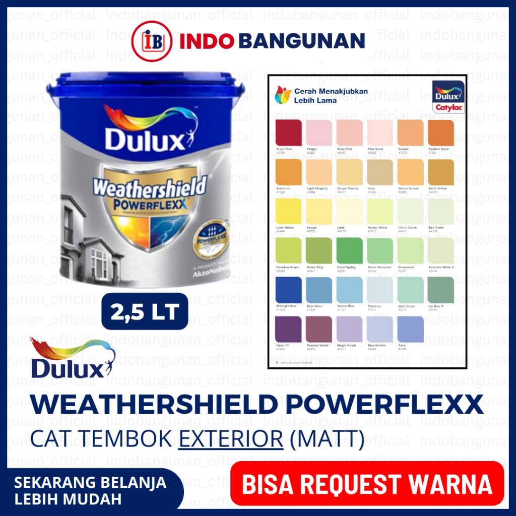 CAT TEMBOK EXTERIOR DULUX WEATHERSHIELD POWERFLEXX 2.5LT / BISA REQUEST CUSTOM WARNA PUTIH