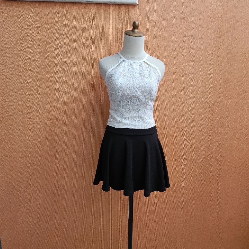 atasan wanita cream motif putih bunga ETIQUETTE cewek S kutung blouse MEWAH crop top tank cute sexy 