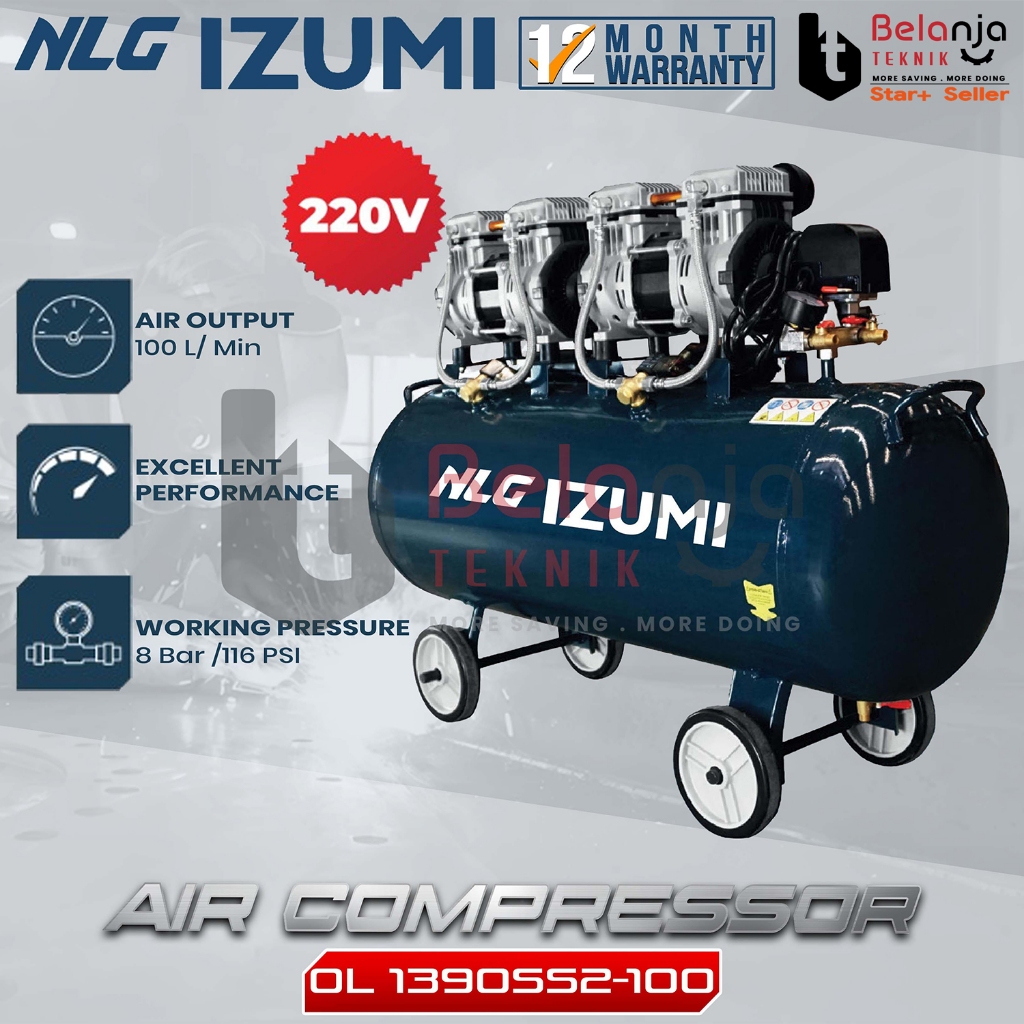 Izumi NLG Mesin Kompressor Angin Portable Oilless 1390SS-100 Air Compressor 100L Tanpa Oli