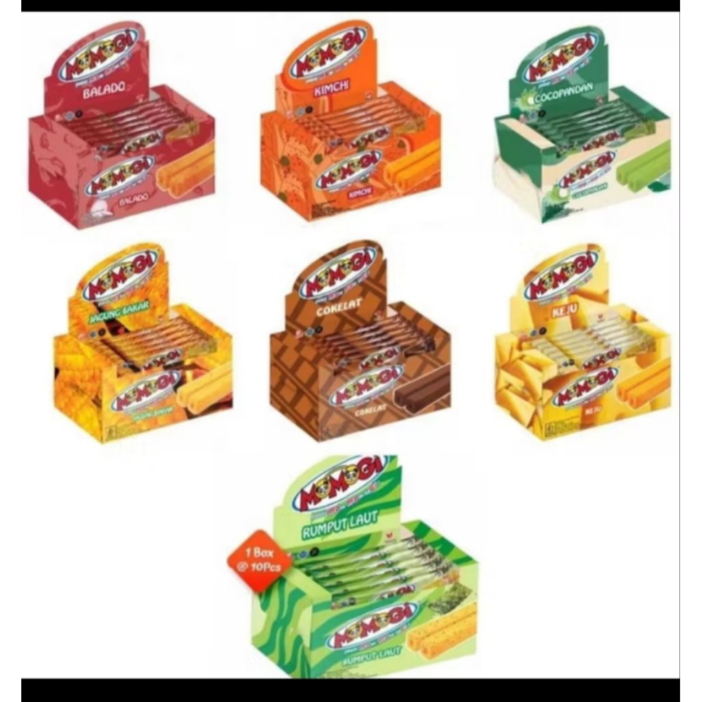 

MOMOGI SNACK BOX KEJU/JAGUNG BAKAR/COKLAT/TUTTI FRUTTI 1BOX ISI 20/RUMPUT LAUT 1BOX ISI 10...