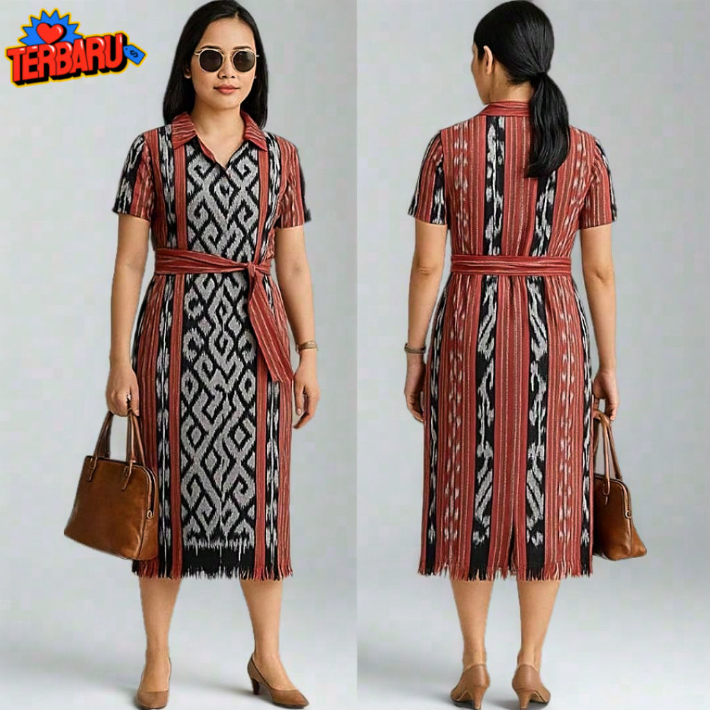 DRESS TENUN WANITA IKAT NTT TERBARU – BAJU KERJA KANTOR FORMAL WARNA MAROON HITAM ELEGAN UNTUK ACARA