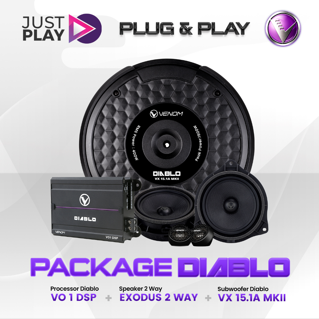 Paket Audio Mobil 2 Way Venom Diablo Just Play – VO1 DSP + Speaker 2 Way + VX 15.1 MKII Subwoofer Ak