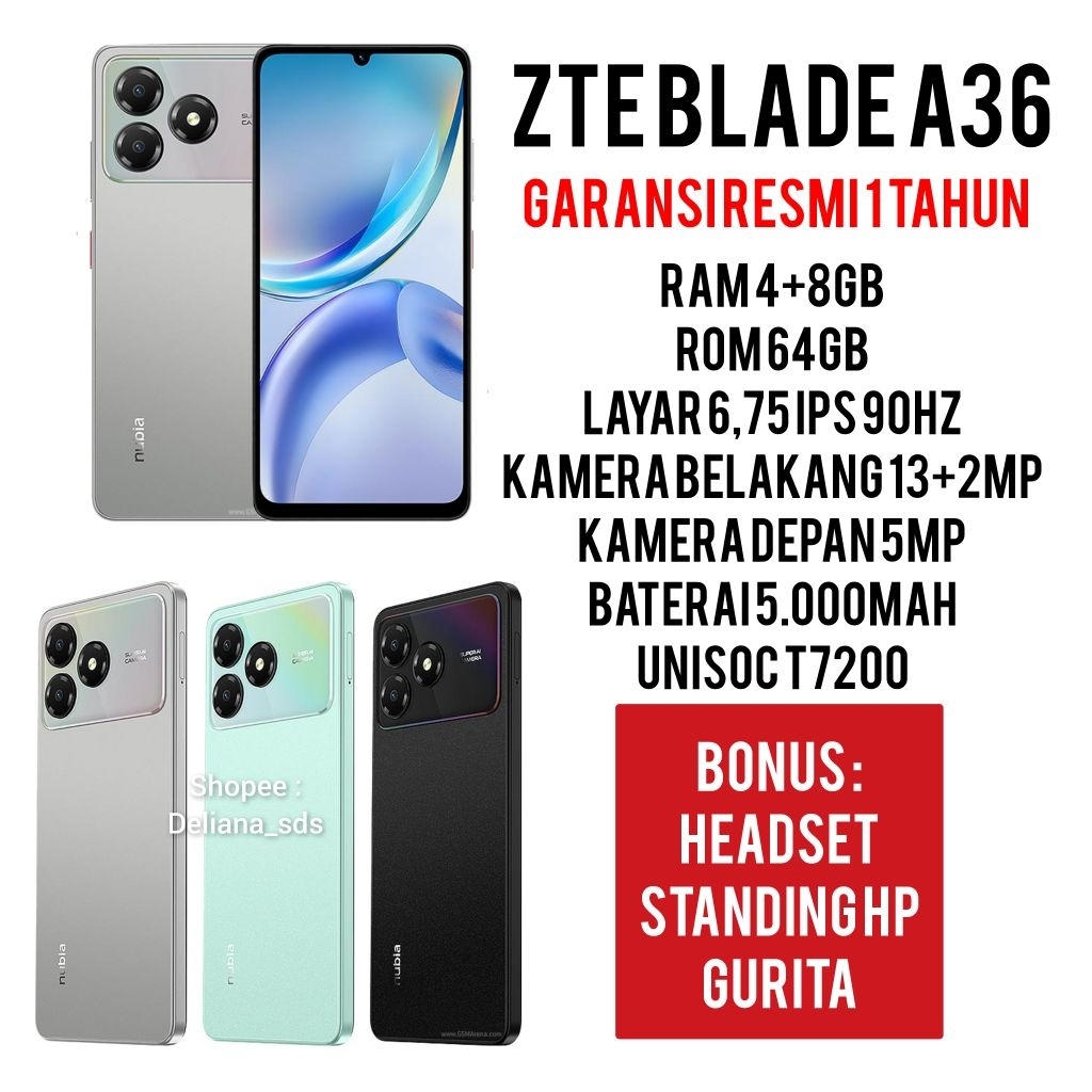 ZTE Blade A36 4/64 4+8/64 12/64 Garansi Resmi 1 Tahun ZTE A36 4/64 ZTE A36 4+8/64 ZTE A36 12/64 ZTE 