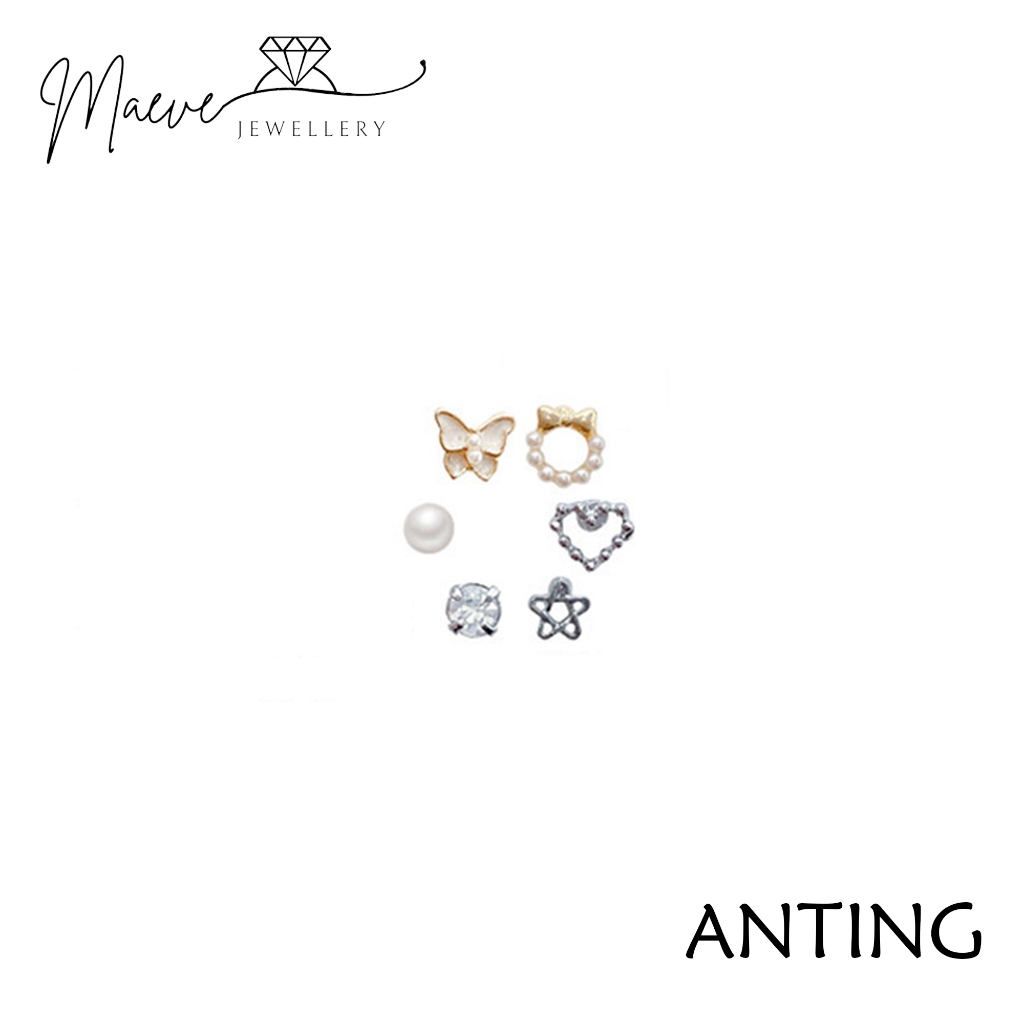 MAEVE E5154 Anting Titanium Wanita Gold SetModel Kupu Kupu Mutiara Love Berlian Bintang Pita