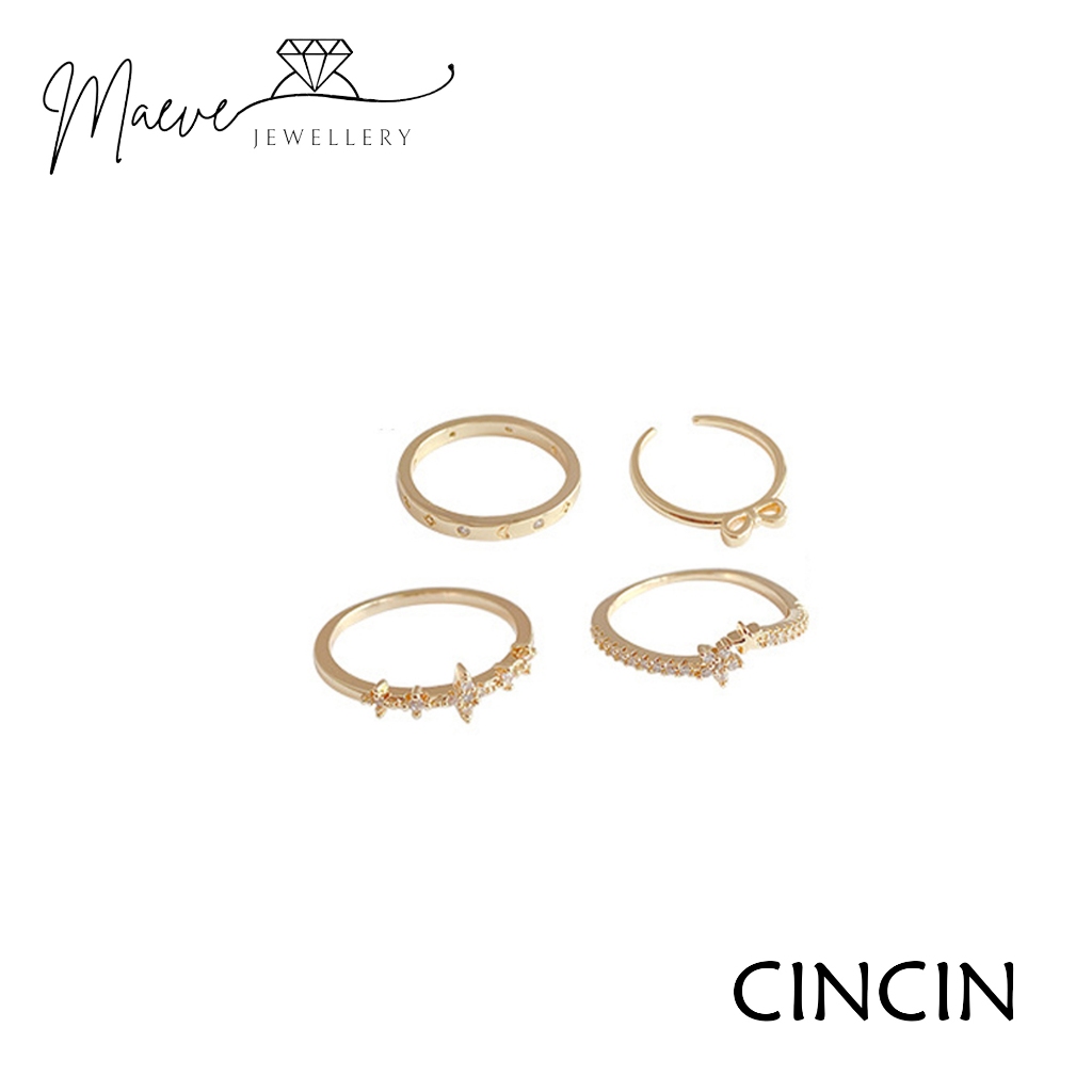 MAEVE J540 Cincin Titanium Wanita Set 4 PCS Model Pita Bintang Bulat Berlian Anti Karat Anti Luntur