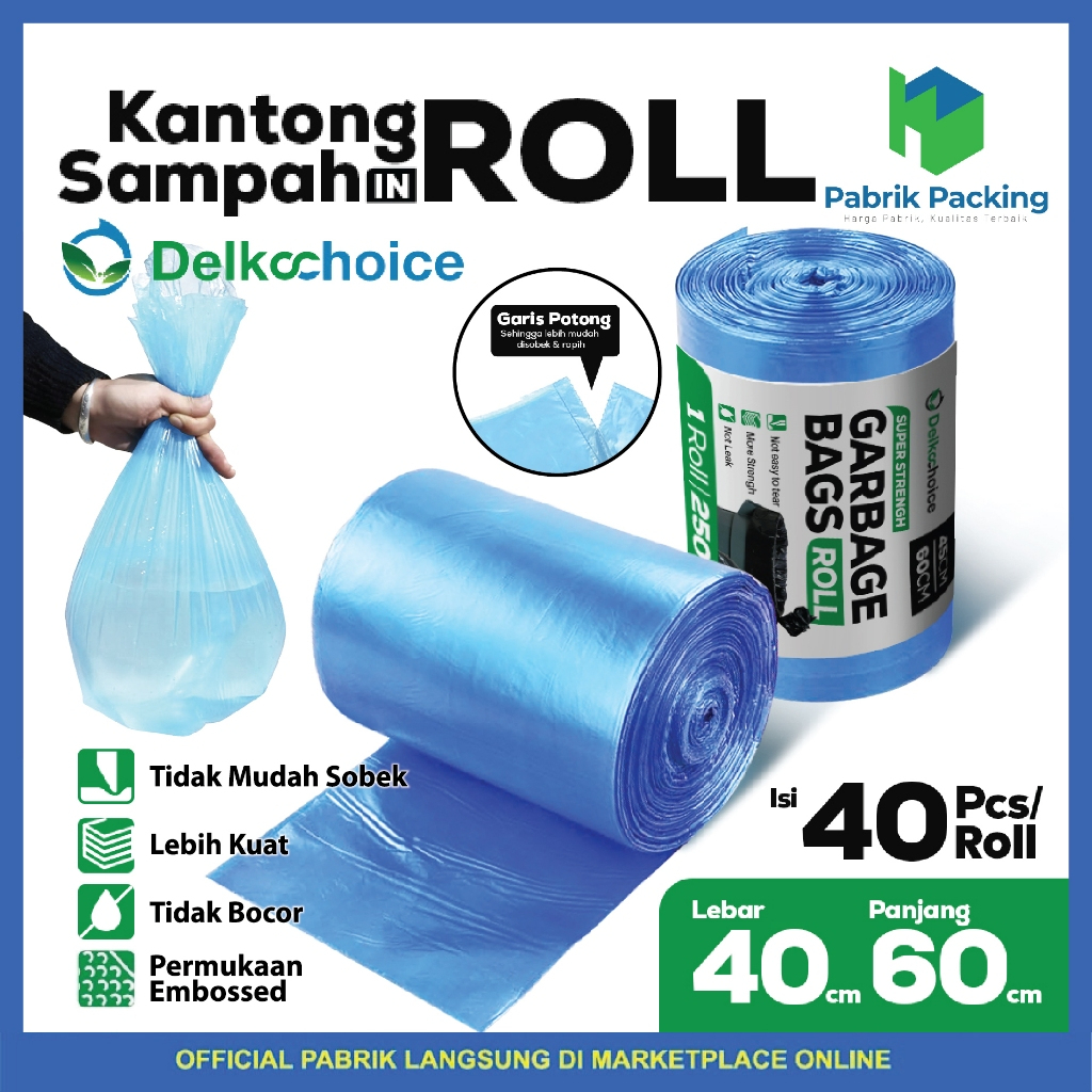 Kantong Plastik Sampah Roll Biru Jumbo Trash Bag Garbage Roll Delkochoice 40cm x 60cm
